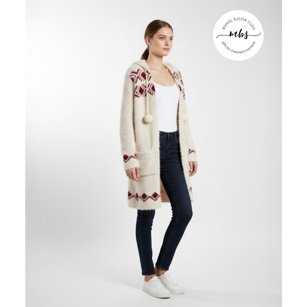 Tularosa Pom Pom Fuzzy Hooded Open Long Cardigan White Red Women Size‎ M